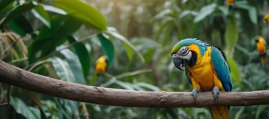Obraz premium parrot on a tree, wild sparrow, blue and yellow macaw, Habitat and Behavior of Parrots in Tropical Rainforests, Comparative Study of Wild Sparrows and Tropical Parrots