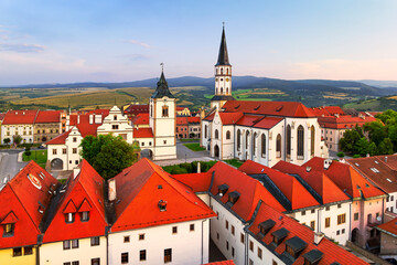 Aerial view of the historical center of Levoca (Slovakia) with two important monuments - the Basilica of St. James and the city hall