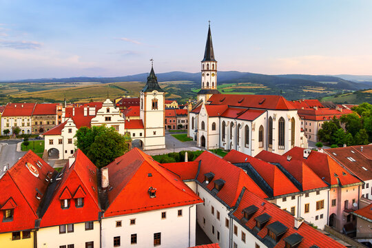 Aerial view of the historical center of Levoca (Slovakia) with two important monuments - the Basilica of St. James and the city hall