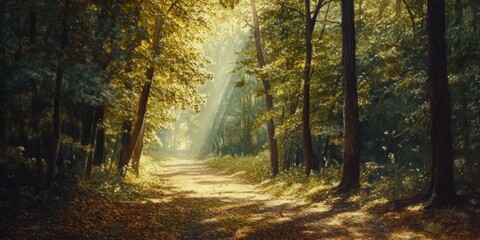 Obraz premium Sunlit path through a misty forest.