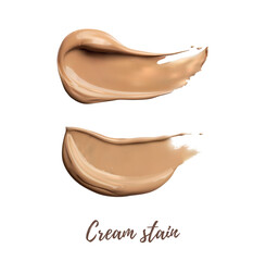 Smear of beige cream on white isolated background top view. 3d Realistic cream texture. Cosmetic swatch texture. Vector mesh cream stain. Skincare beauty element. Nude color cream. Brown dark cream ba