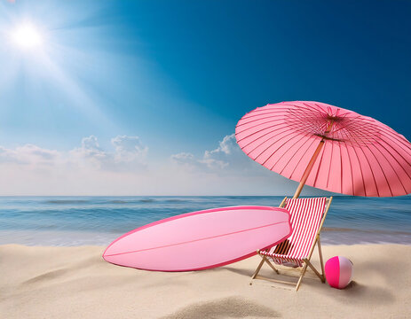  Summer vacation beach concept &ndash; A 3D-rendered summer scene featuring a surfboard, beach umb_1(440)