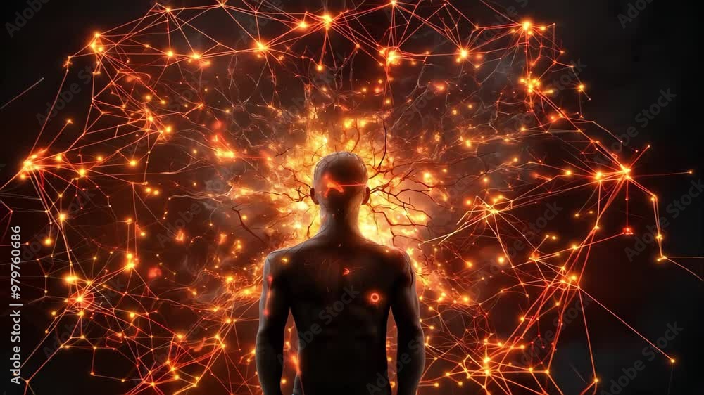 Poster a silhouette of a person with glowing neural connections and an explosion of light and energy emanat
