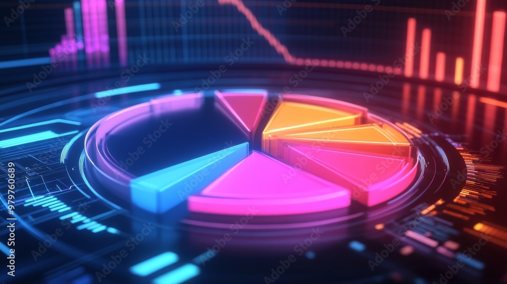 Poster an animated 3d pie chart with segments rotating to display different data points, set against a tech