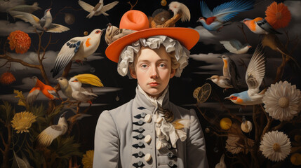 A person in historical attire with a large orange hat is surrounded by various colorful birds and flowers, set against a dark background. Concept of nature and history