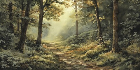A watercolor painting of a path through a forest.