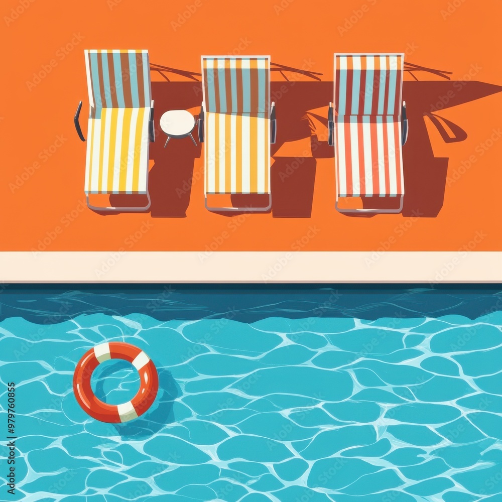 Poster flat vector illustration of a top view of three striped sun loungers by the pool with a life ring on