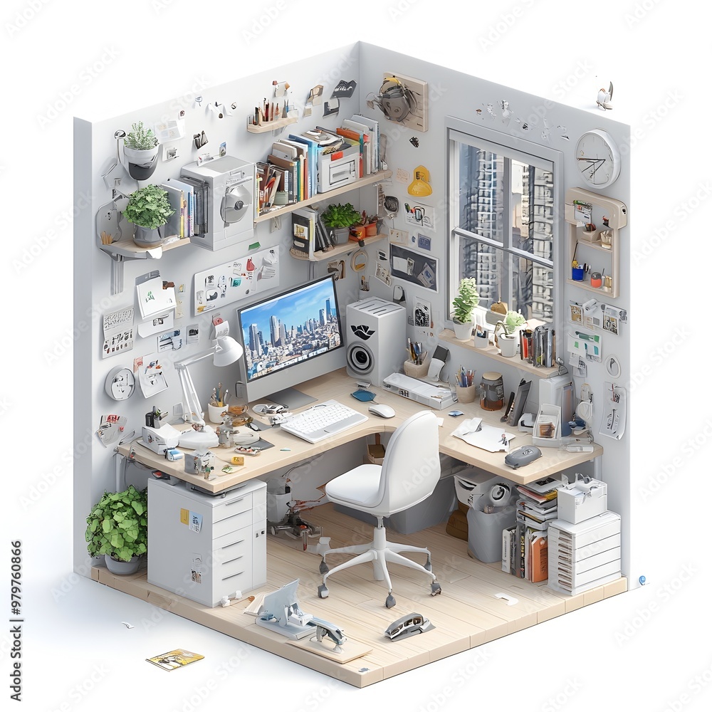 Poster Detailed Isometric Home Office Setup with Desk Computer Bookshelves and City View