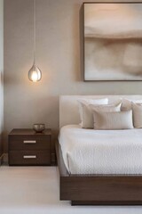 A modern bedroom with a low-profile bed, wall-mounted lighting, and floor-to-ceiling windows, creating a simple yet luxurious space for relaxation