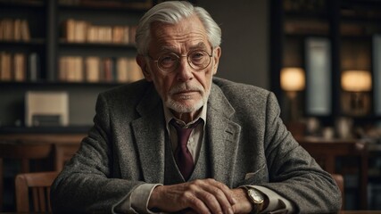 Elderly Caucasian man with gray hair and glasses, wearing gray suit and red tie, sitting in chair and looking directly at camera