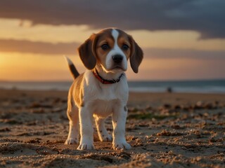 Little beagle puppy on the beach in the evening.