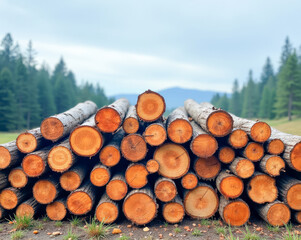 a stack of logs in a cutting area in the middle of the forest