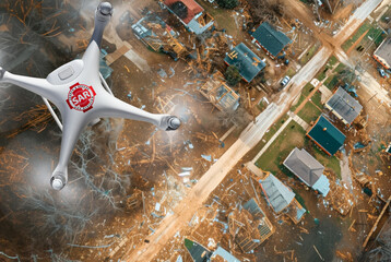 Quadcopter UAV Search and Rescue SAR Drone Flying A Search Above A Tornado Path of Destruction.