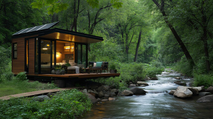 Naklejka premium Tiny House Near a river dense forest
