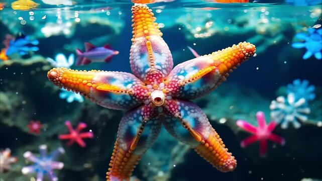 A colorful starfish submerged in water, surrounded by other star-like marine shapes in a vibrant underwater environment.