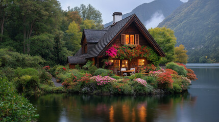 Obraz premium Tiny House Near a river dense forest