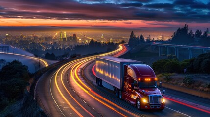 Truck Driving Through City at Sunset