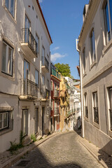 Steep narrow cobblestoned street Calcada Salvador Correia de Sa in the district of Misericórdia, Lisbon, Portugal.