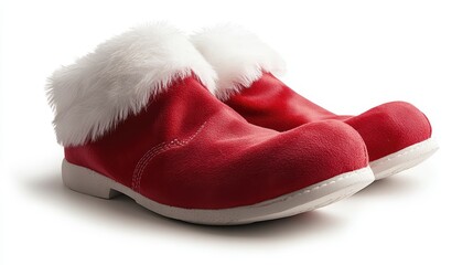 Two red clown shoes with white fur on the toes