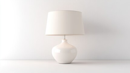 A white lamp sits on a table in front of a white wall