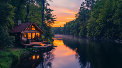 Fototapeta premium Tiny House Near a river dense forest