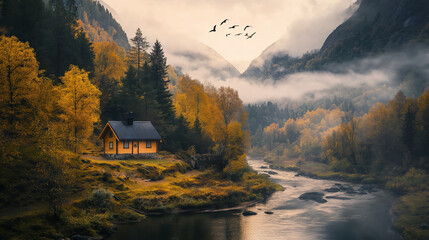 Fototapeta premium Tiny House Near a river dense forest