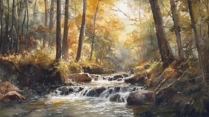 Waterfall flows through an autumn forest.