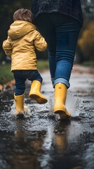 Photo of a mother and child wearing yellow rain boots jumping in puddles on an overcast day