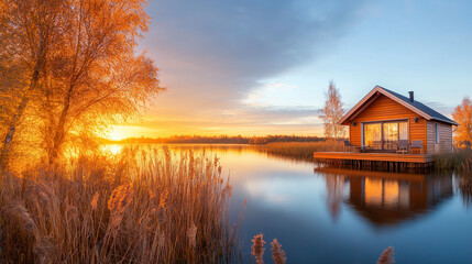 Fototapeta premium Tiny House Near a river dense forest