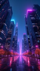 Obraz premium Futuristic city skyline with neon lights reflecting on skyscrapers