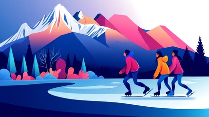 Naklejka premium Friends ice skating on a frozen mountain lake, side view, symbolizing joy and escape, futuristic tone, Split-complementary color scheme