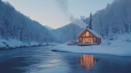 Fototapeta premium Tiny Log Cabin by a flowing river in a snowy