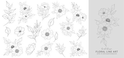 Ink Flower Drawing. Floral Line Art. Anemone Line Art Illustration. Line Art Bouquet.  Fine Line Anemone illustration. Hand Drawn flowers. Botanical Coloring. Wedding invitation flowers © Xenia