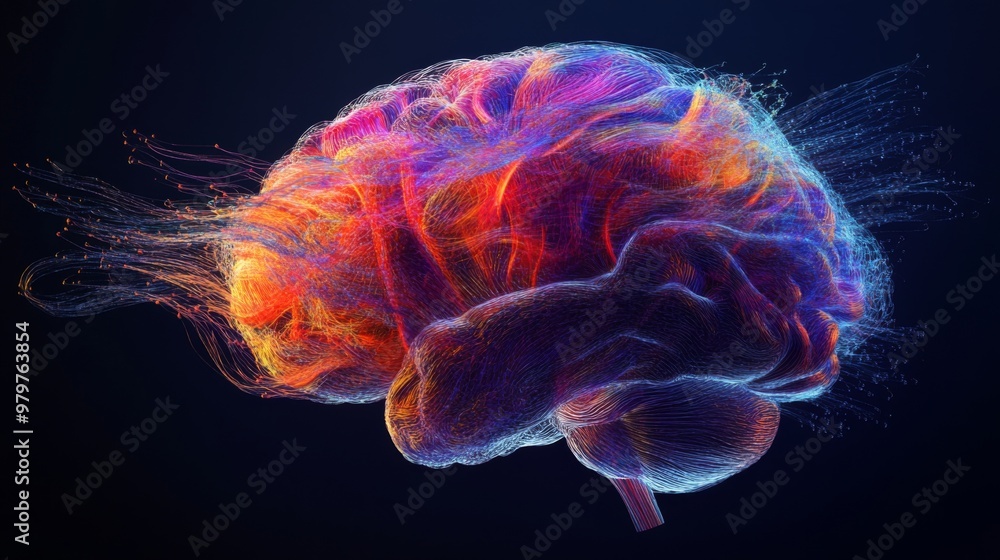 Aufkleber An artistic rendering of a human brain with colorful, flowing neural pathways, illustrating complex cognitive processes and mental activity.
