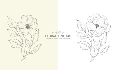 Ink Flower Drawing. Floral Line Art. Anemone Line Art Illustration. Line Art Bouquet.  Fine Line Anemone illustration. Hand Drawn flowers. Botanical Coloring. Wedding invitation flowers