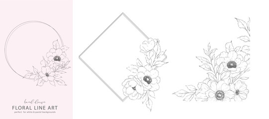 Obraz premium Floral Frame Line Art. Ink Flower Drawing. Floral Line Art. Anemone Line Art Illustration. Line Art Bouquet. Fine Line Anemone illustration. Hand Drawn flowers. Botanical Coloring.