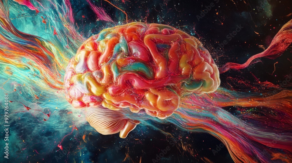 Poster An artistic rendering of a human brain with colorful, flowing neural pathways, illustrating complex cognitive processes and mental activity.
