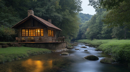 Obraz premium Tiny House Near a river dense forest