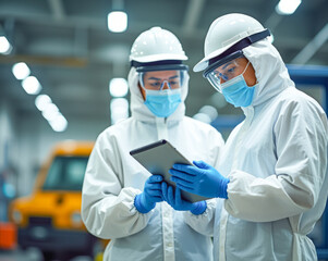 two specialist scientists in protective suits and masks with a tablet in their hands conduct an inspection of a dangerous object