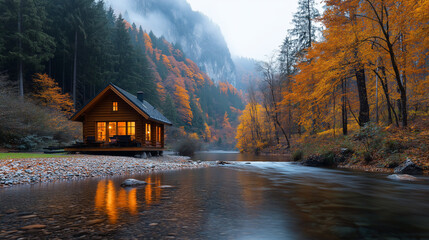 Fototapeta premium Tiny House Near a river dense forest