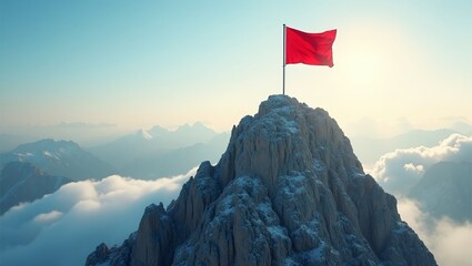 Red flag at mountain summit symbolizing business success