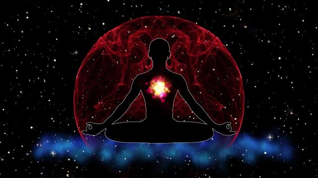 male shape sits in meditation, aura energy and light: inspiring 3D animation with chakras and esoteric patterns in an endless cycle, seamless loop animation