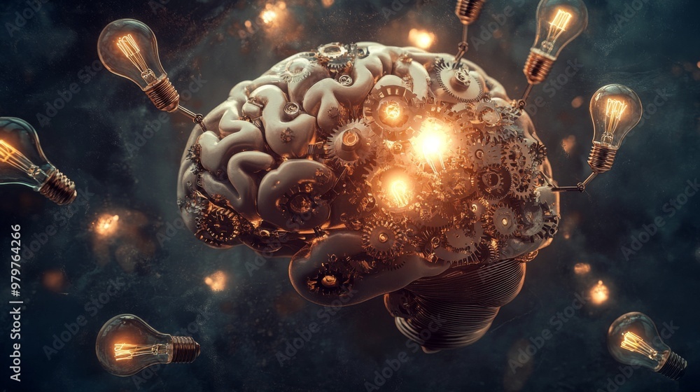 Poster An artistic representation of a brain with interconnected gears and light bulbs, illustrating the complex and creative nature of generating innovative concepts.