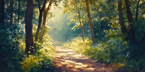 Fototapeta premium Watercolor painting of a path through a forest.