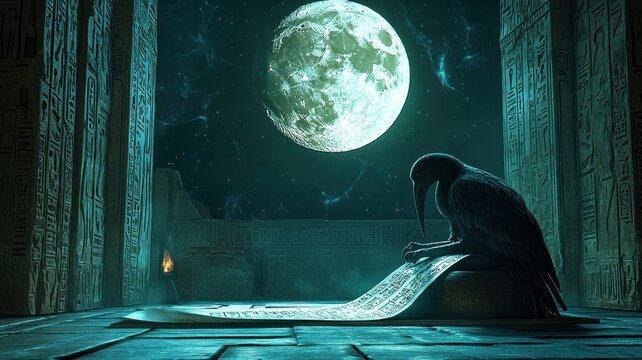 Divine Thoth, ibis-headed god, writing on a scroll, with the moon shining, symbolizing knowledge and magic.