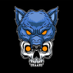 wolf angry with skull illustration character