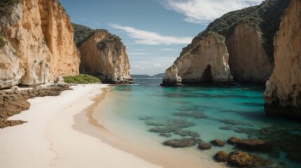 Fototapeta premium Stunning beach landscape with turquoise water and rocky cliffs under a bright sky 