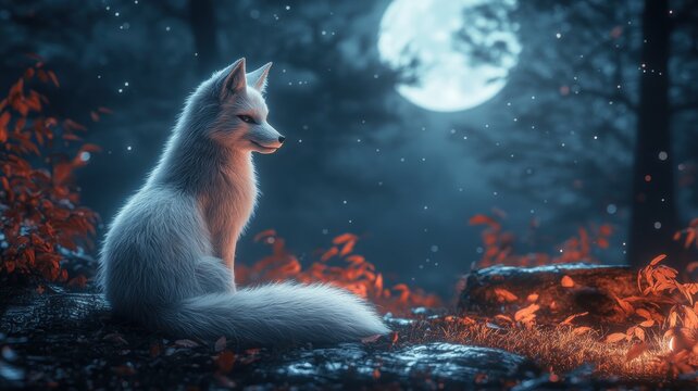 Mysterious kitsune with multiple tails, standing in a moonlit forest, symbolizing wisdom and trickery.