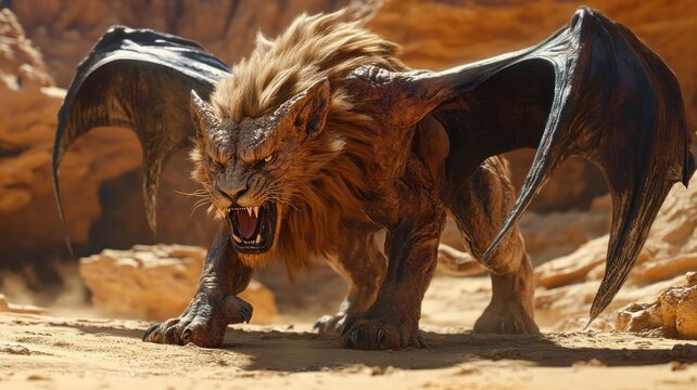 Detailed manticore hunting in the desert, with a lion's body, bat wings, and a scorpion tail, symbolizing danger and savagery.