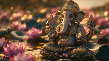 Fototapeta premium Serene Lord Ganesha Seated on Lotus with Golden Background